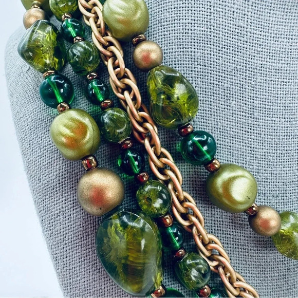 Vintage W. Germany Necklace Green Gold Beaded Multi Strand Graduated Sig… - Picture 11 of 11